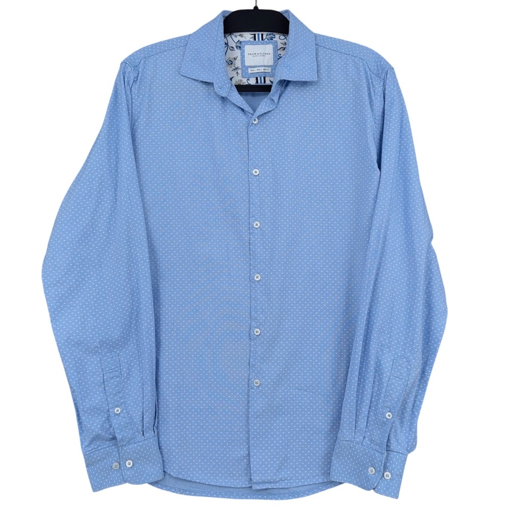 Denim & Flower Ricky Singh Mens L 100% Cotton Blue Micro Print Button Down Shirt